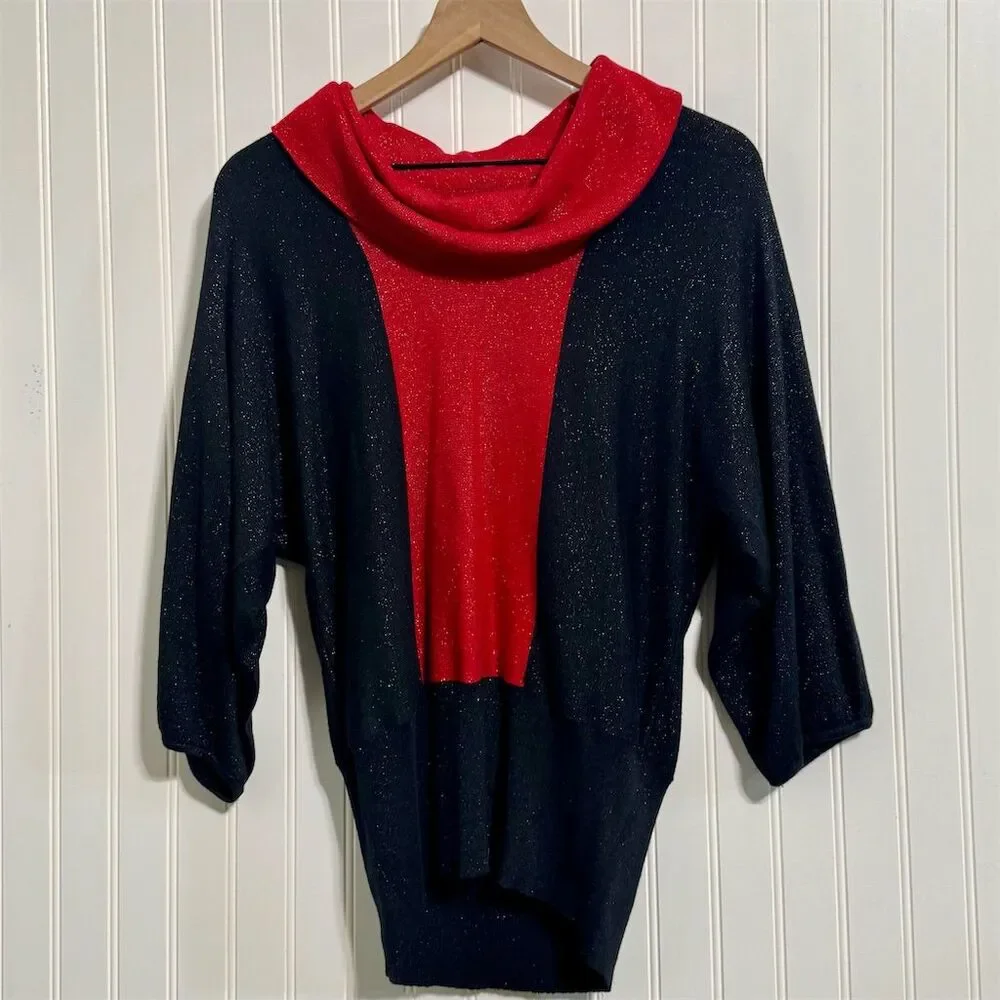 Style & Co Petite Sweater PL‎ L Red Black Color Block Metallic Cowl Neck Holiday
